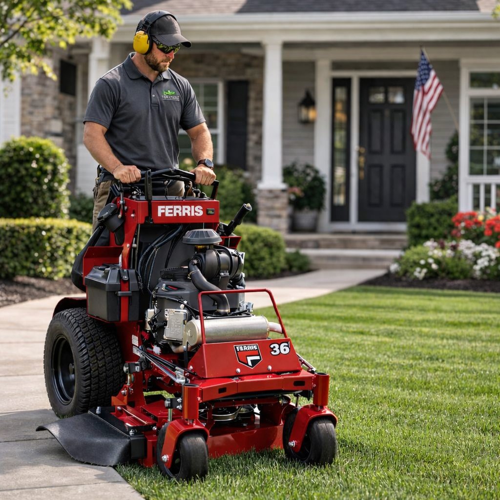 Professional with Ferris mower on front yard
