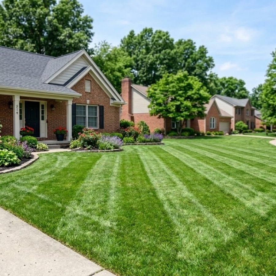 Mowed backyard with clean stripes